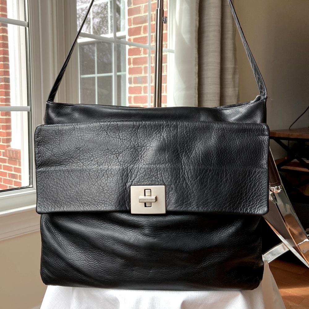 Renato Angi Black Leather Messenger / Crossbody Bag, Made in Italy